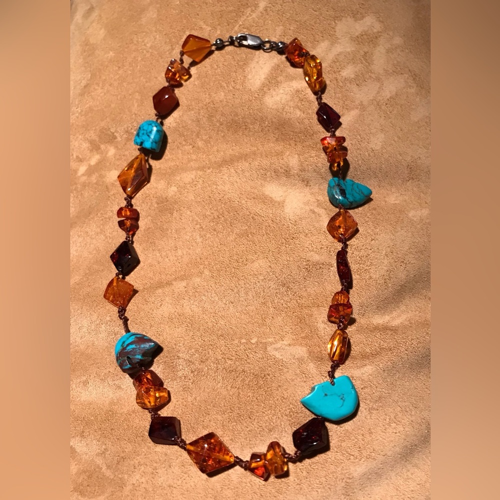 Southwestern Amber & Turquoise Bear Necklace